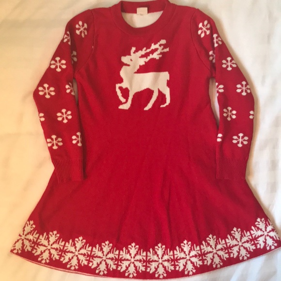 European Red/cream reindeer doublefaced  knit cotton blend sweater dress EUC - Picture 1 of 8